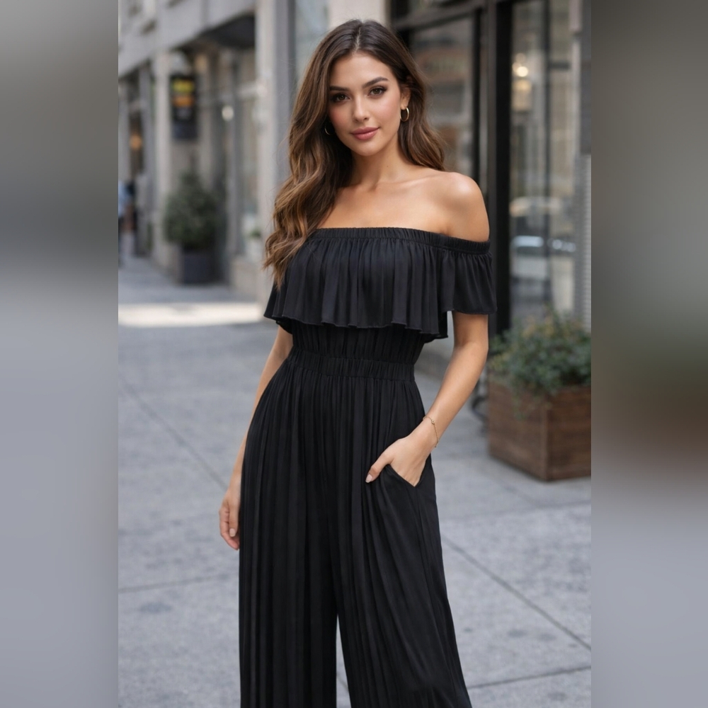 Off-Shoulder Black Wide-Leg Jumpsuit